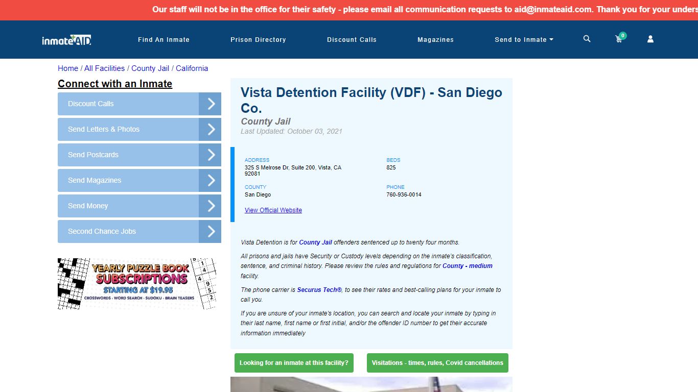 Vista Detention Facility (VDF) - San Diego Co. - Inmate ...